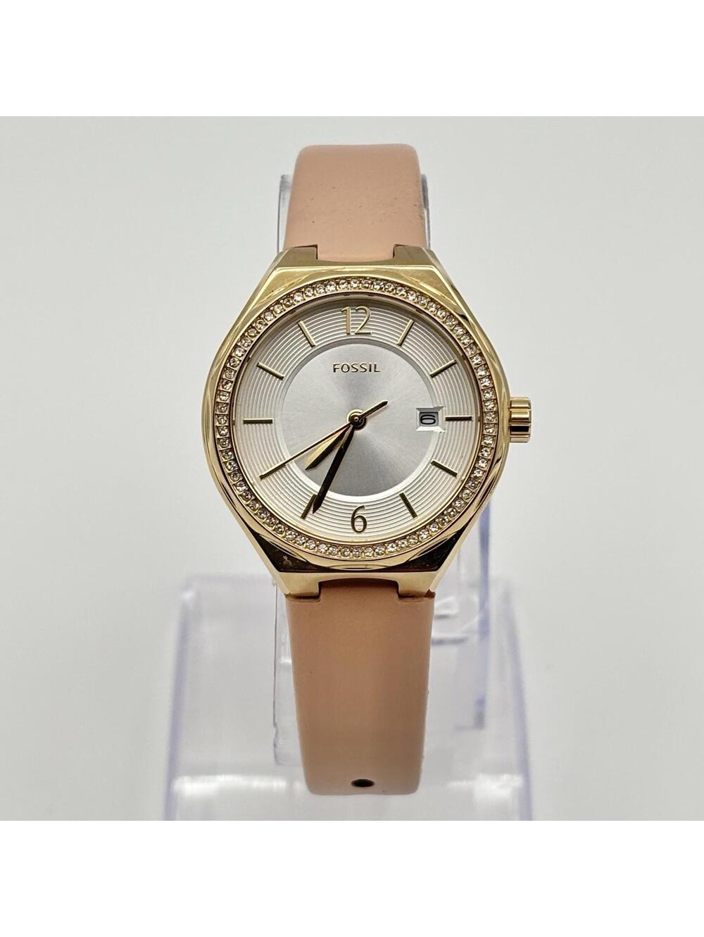 Fossil Eevie 30mm Gold-Tone Watch Blush Pink Leather Crystal-Set Bezel BQ3804